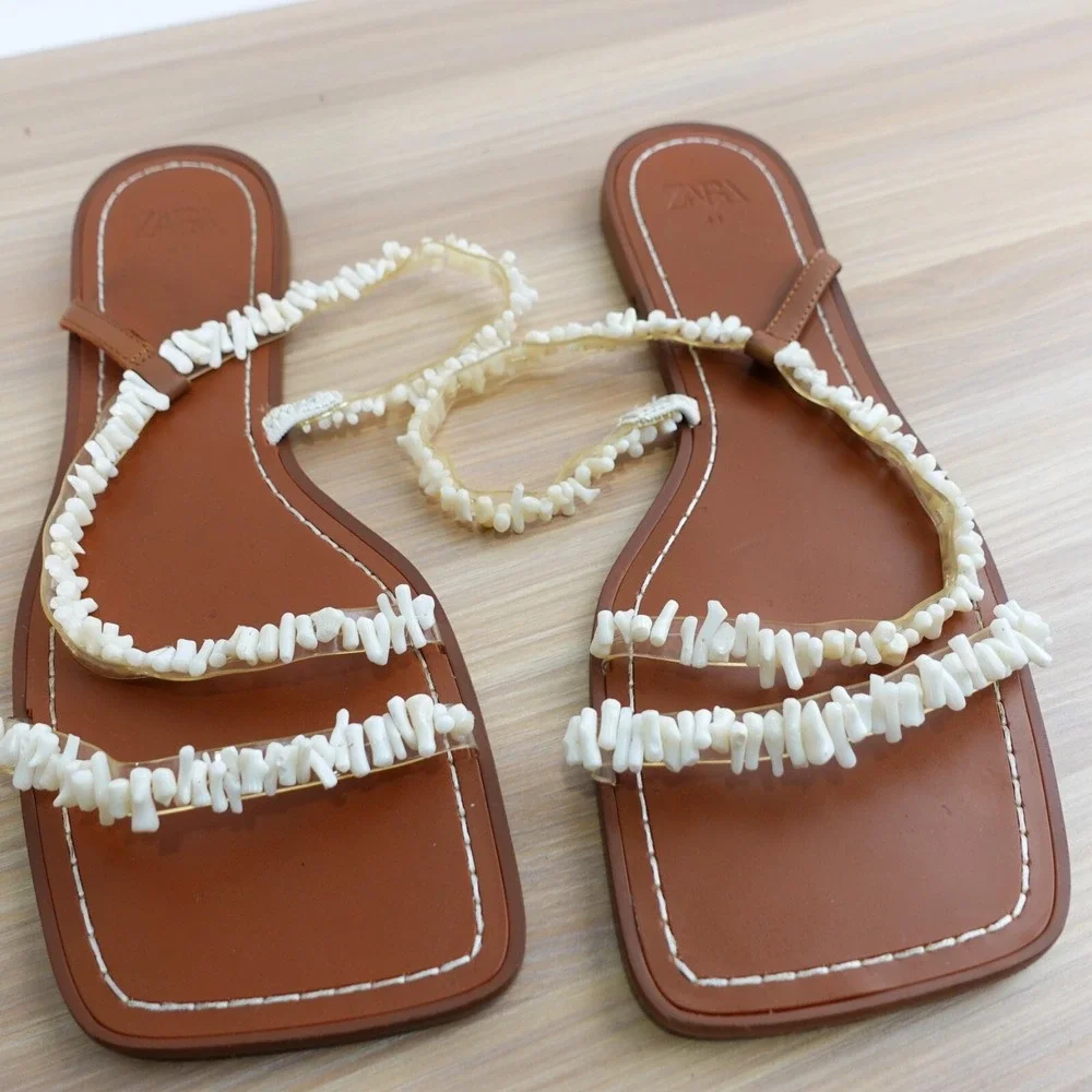ZARA Coastal Boho Beaded Flat Sandals Womens 10.5 White Strappy Beach Slides - Picture 3 of 9